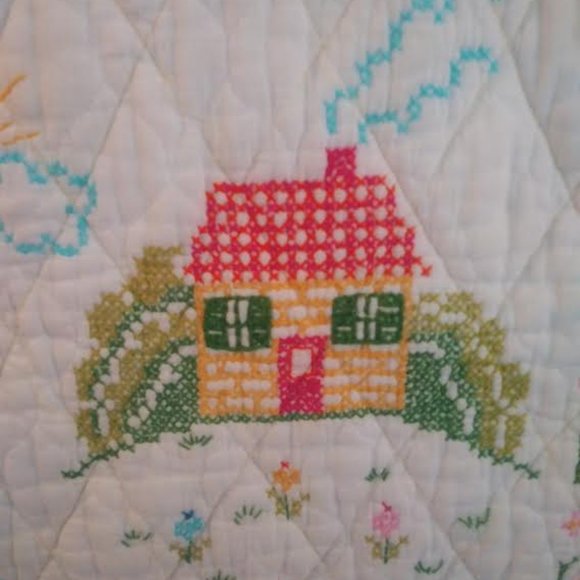 Cross Stitch Embroidered Baby Blanket, Criblet, Wall Hanging, Hand Made, 54 X 32 - Picture 5 of 10